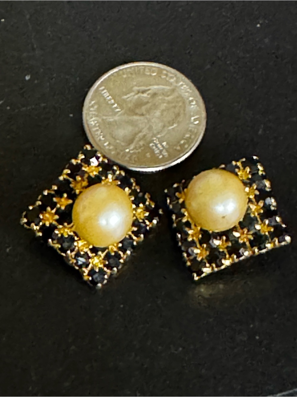 Vintage Gold and Black Pearl Accent Square Clip-On Earrings